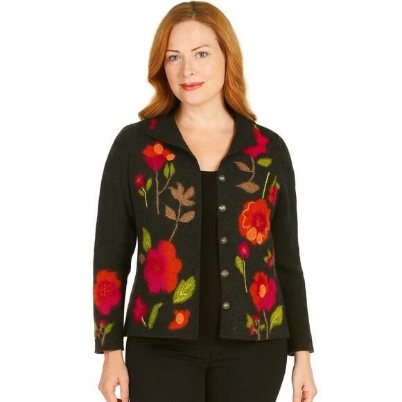 Vintage Talbots Lambswool Knit floral cardigan sweater Black red pink SZ SM - Picture 1 of 8